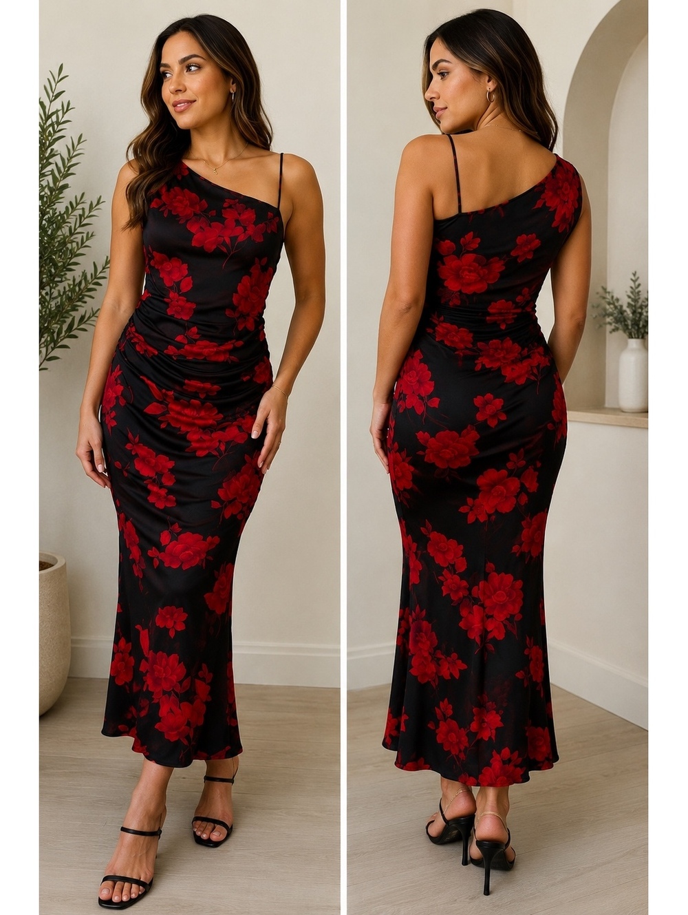 Premier Amour Black and Red Floral One-Shoulder Midi Dress Size 14P